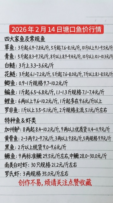 「图片1」2026 年 2 月 14 日塘口鱼价行情四大家鱼及常规鱼草鱼：3 斤起 6.9-7.8 元 / 斤，5 斤起 7.6-8.1 元 / 斤，10 斤以上 9.1-9.5 元 / 斤青鱼：5预览效果