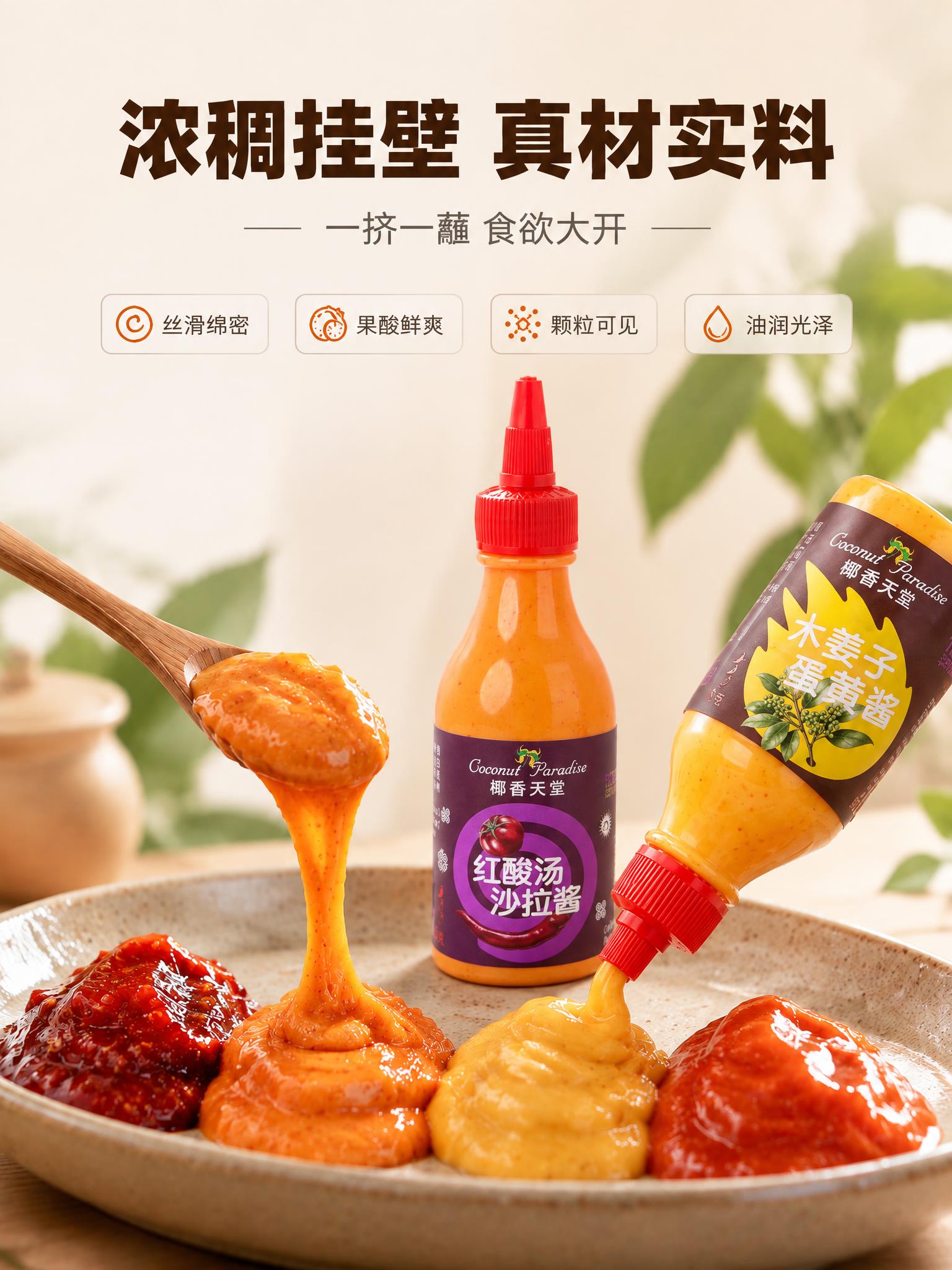 以图4为底图做局部编辑：保持原图背景、木勺、陶盘与盘中挤出的酱… - 图片创意预览
