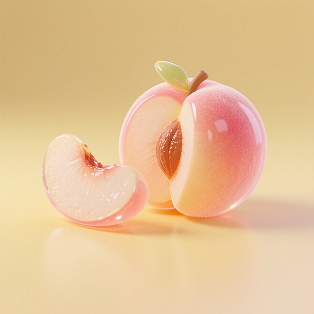 一个桃子，分别有没切的和切开的，淡黄色背景