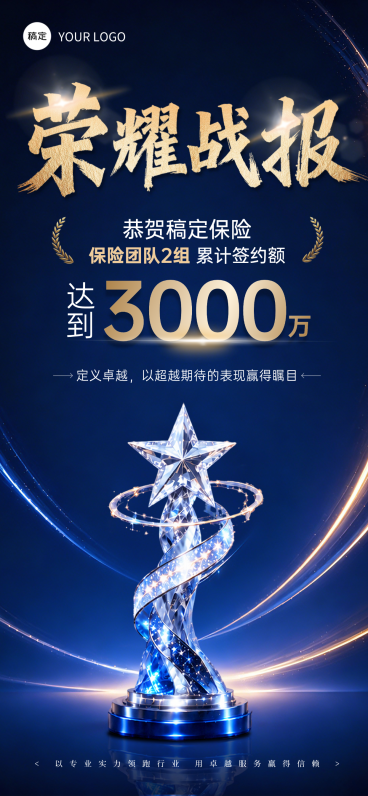 保险销售业绩喜报蓝金商务风线上渠道手机全屏竖版海报预览效果