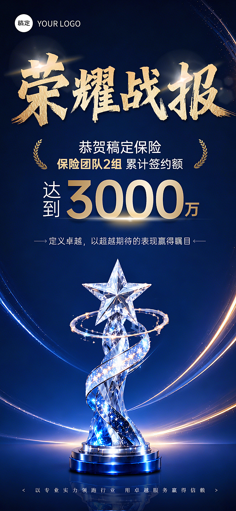 保险销售业绩喜报蓝金商务风线上渠道手机全屏竖版海报