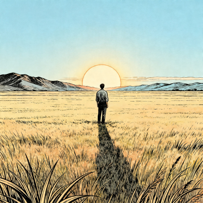 莫比斯风格插画，一个人站在广阔无垠的草原上眺望夕阳，天空晴朗澄澈，远处是连绵安静的山脉，整体氛围宁静辽阔，线条简洁流畅，具有版画质感，色调温暖柔和预览效果
