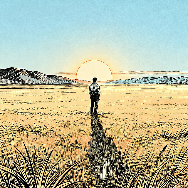 莫比斯风格插画，一个人站在广阔无垠的草原上眺望夕阳，天空晴朗澄澈，远处是连绵安静的山脉，整体氛围宁静辽阔，线条简洁流畅，具有版画质感，色调温暖柔和