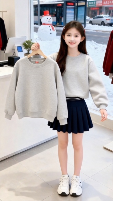 用图1衣服和短裙替换掉图2模特穿的衣服裤子和模特手中衣架上挂着的衣服，保留原场景光影，保持图2的人物的五官和发饰不变，姿势不变，鞋子变为白色运动球鞋，背景不变，图片宽高尺寸不变，保持图1衣服和短裙的颜预览效果