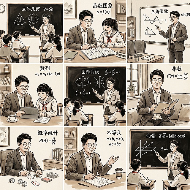 帮我生成关于高中数学的九宫格图片，要有老师和学生，老师的脸帮我设计成这张图片的，学生是中国人，场景是教室、家里、办公室、咖啡厅等，帮我生成20张