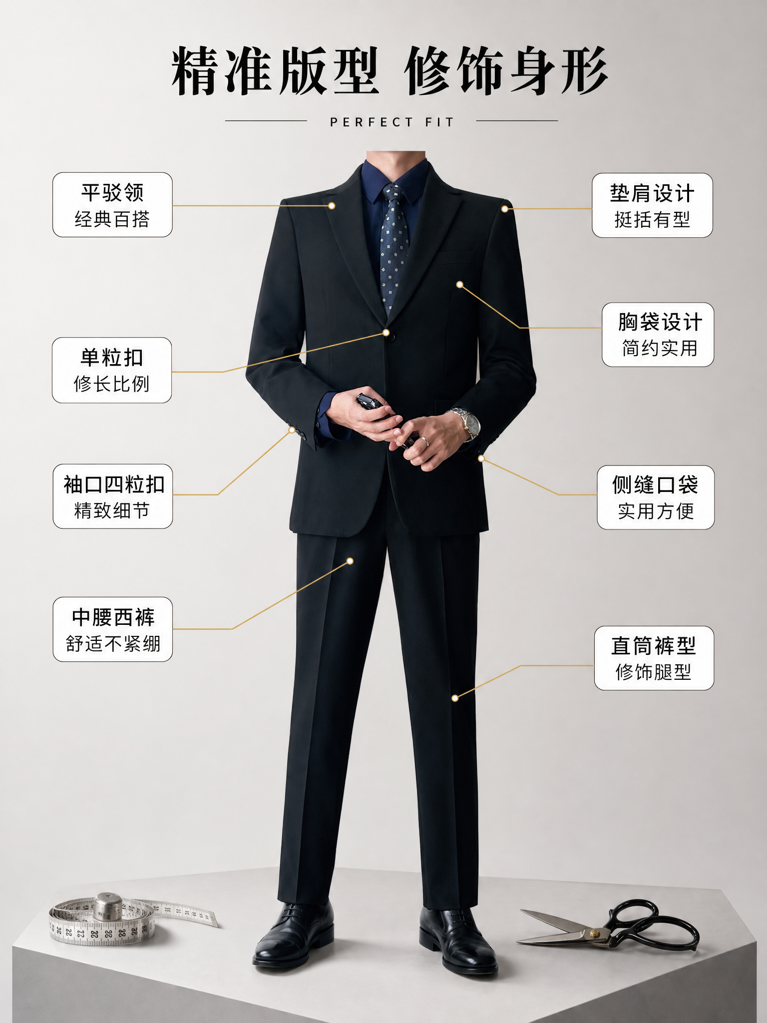 [第3张] 版型解析页-男士黑色西服套装多角度结构引线标注。本… - 图片创意预览