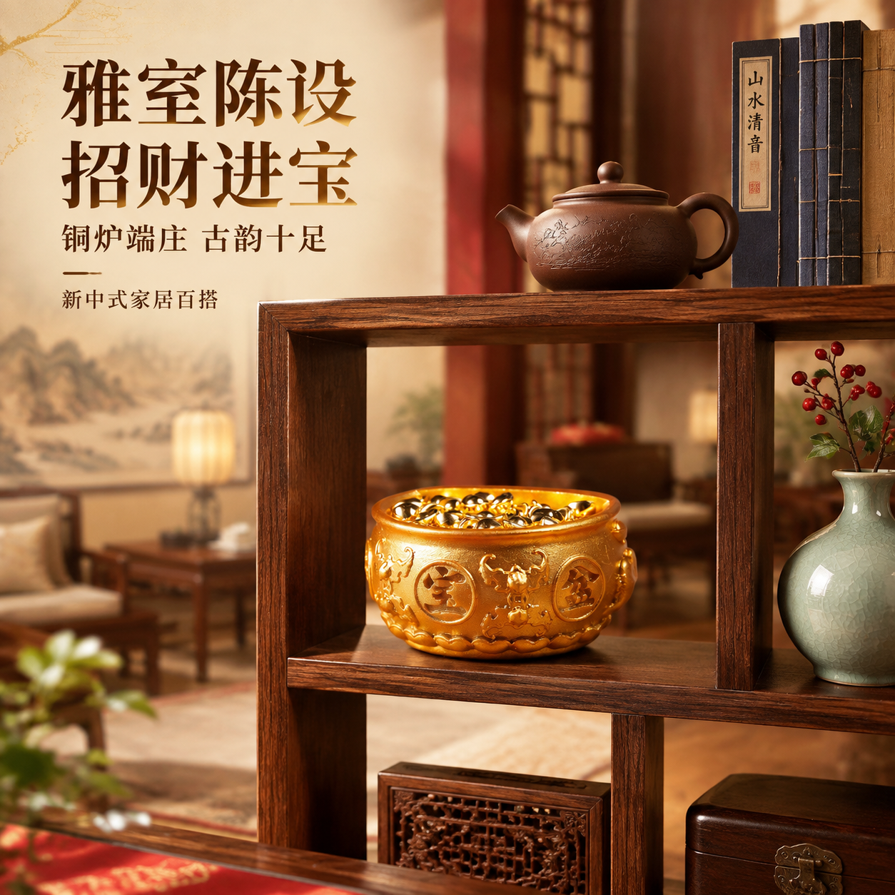 [主图-4 铜炉款] 家居场景陈列图，展示铜炉款在新中式家居中… - 图片创意预览