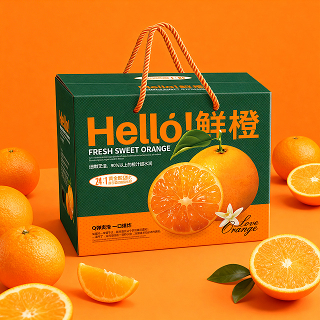 居中展示鲜橙手提瓦楞礼箱的正面，保持正面包装物理结构和文字绝对不变，严禁扭曲变形模糊。整体为橙色同色系场景，礼箱放在画面中心，周围散落新鲜完整的橙子和切开的果肉，时尚简约真实摄影风格，暖调柔和商业光影，4K真实质感，保持1:1尺寸。