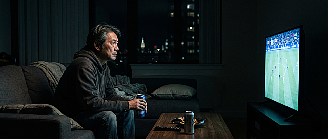 横版，中年男人独自坐在客厅沙发看球赛，手拿罐装啤酒，深夜空寂的居家环境，仅有电视微光，氛围安静落寞，写实人像，高清质感，适合作为公众号封面
