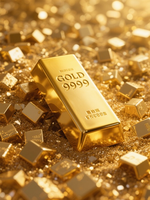 一张巨型的、表面光滑且带有"GOLD 9999"浮雕文字的标准金条，斜立在由无数大小不一、棱角分明的金块和细密金沙组成的金色背景中，整体呈现出极致写实的3D质感，光线从斜上方照射，在金条和金块表面形成明亮的高光和深邃的阴影，金色调浓郁统一，闪耀着奢华璀璨的光芒，营造出财富、贵重且极具视觉冲击力的氛围。预览效果