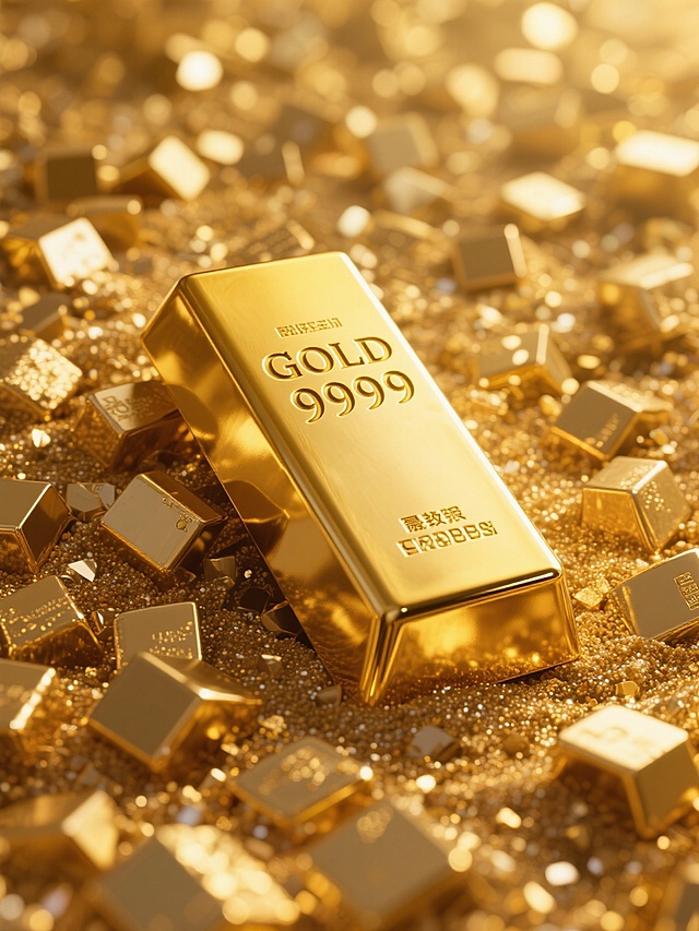 一张巨型的、表面光滑且带有"GOLD 9999"浮雕文字的标准金条，斜立在由无数大小不一、棱角分明的金块和细密金沙组成的金色背景中，整体呈现出极致写实的3D质感，光线从斜上方照射，在金条和金块表面形成明亮的高光和深邃的阴影，金色调浓郁统一，闪耀着奢华璀璨的光芒，营造出财富、贵重且极具视觉冲击力的氛围。