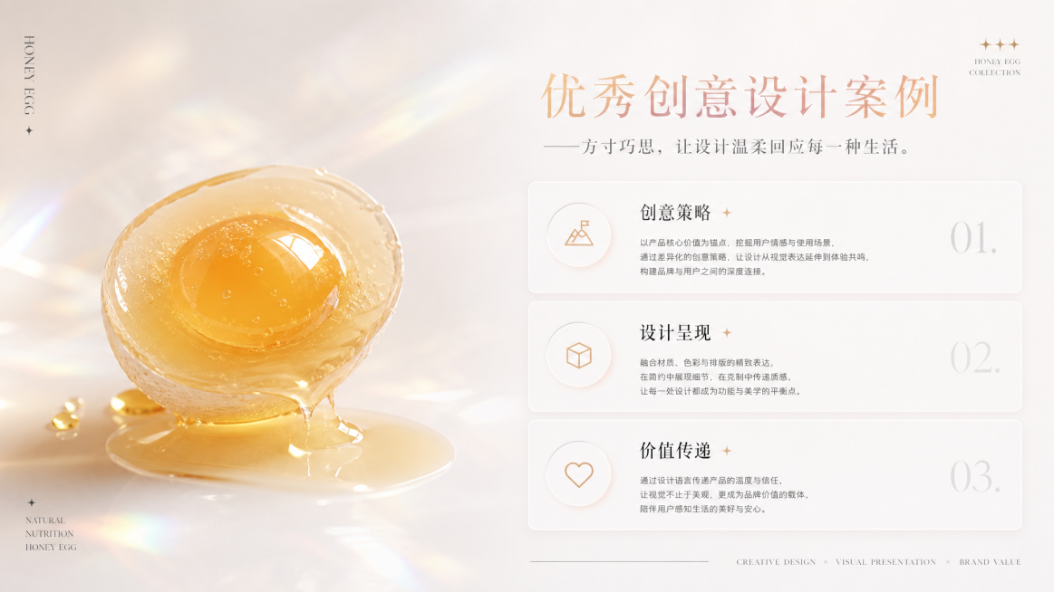 设计一张PPT页面，风格和参考图保持一致，左侧展示蜂蜜蛋产品实拍图，右侧放置标题：优秀创意设计案例——方寸巧思，让设计温柔回应每一种生活。整体排版和参考图一致，页面为简约高级的设计风格，左侧产品图，右预览效果