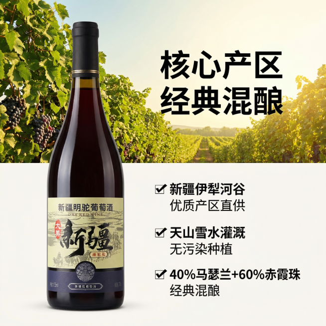 [主图 2] 新疆产地核心卖点展示图，突出产区优势，重新生成
[氛围/风格] 自然写实品质风，清新通透，突出产地天然优势
[画面元素] 保持干红葡萄酒瓶外观与原图一致，瓶身放在画面偏左侧，背景为新疆伊预览效果
