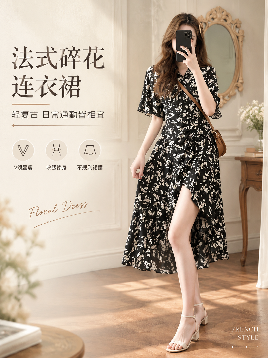 [商品] 使用【图1】黑色碎花V领短袖连衣裙；商品处理：保留V… - 图片创意预览