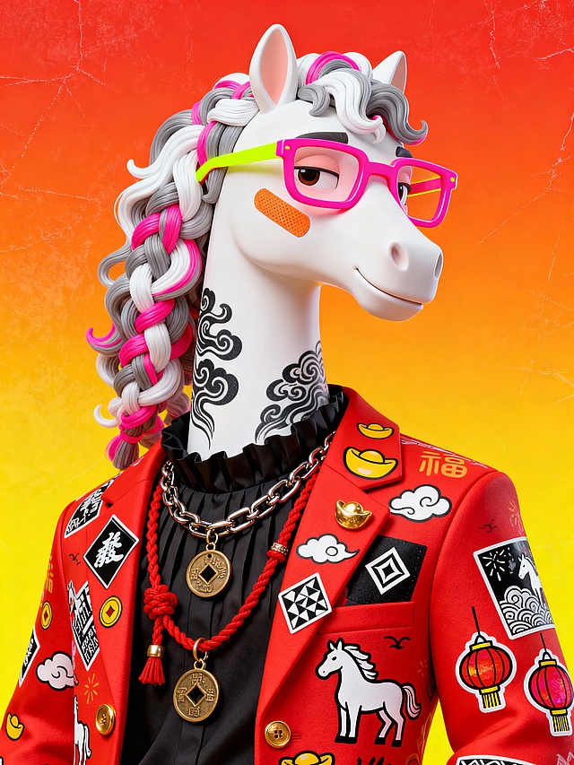 国潮风3D拟人马角色，融合喜庆红金配色与卡通元素，塑料质感浮雕细节，潮流时尚，节日氛围浓厚。