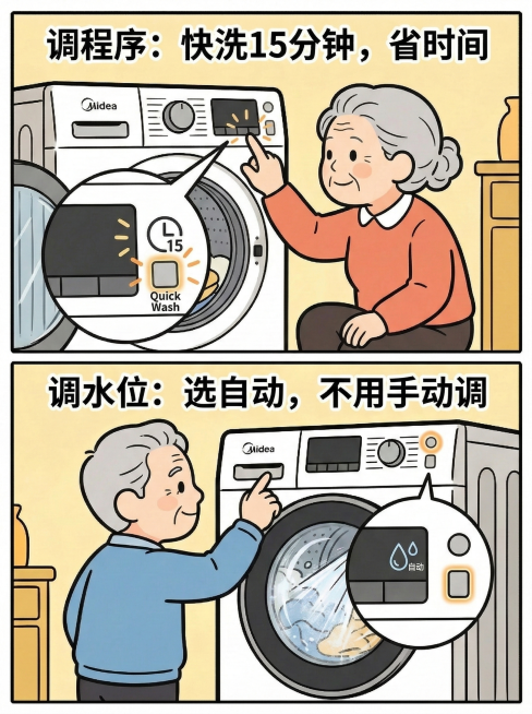 适合老年人看的两格温馨卡通漫画，分两格竖排，线条粗黑简洁，色彩明亮柔和，整体比例3:4适合小红书发布，无复杂背景。第一格：使用之前生成漫画里的慈祥奶奶形象，按洗衣机程序键选快洗图标，配大而清晰的文字预览效果