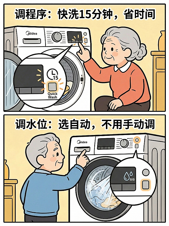 适合老年人看的两格温馨卡通漫画，分两格竖排，线条粗黑简洁，色彩明亮柔和，整体比例3:4适合小红书发布，无复杂背景。第一格：使用之前生成漫画里的慈祥奶奶形象，按洗衣机程序键选快洗图标，配大而清晰的文字 "调程序：快洗15分钟，省时间"；第二格：使用之前生成漫画里的慈祥爷爷形象，按洗衣机水位键选自动，配大而清晰的文字 "调水位：选自动，不用手动调"。保持爷爷奶奶的人物细节和之前漫画一致，洗衣机品牌显示"midea"。