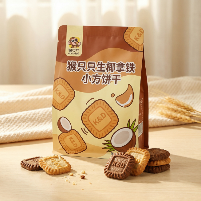 [主图 1] 猴只只生椰拿铁小方饼干包装展示首图
[氛围/风格] 食欲感暖调食品主图，自然暖阳逆光，真实质感，温馨休闲氛围
[画面元素] 展示完整袋装猴只只生椰拿铁饼干包装，包装正面居中展示，包装左上预览效果