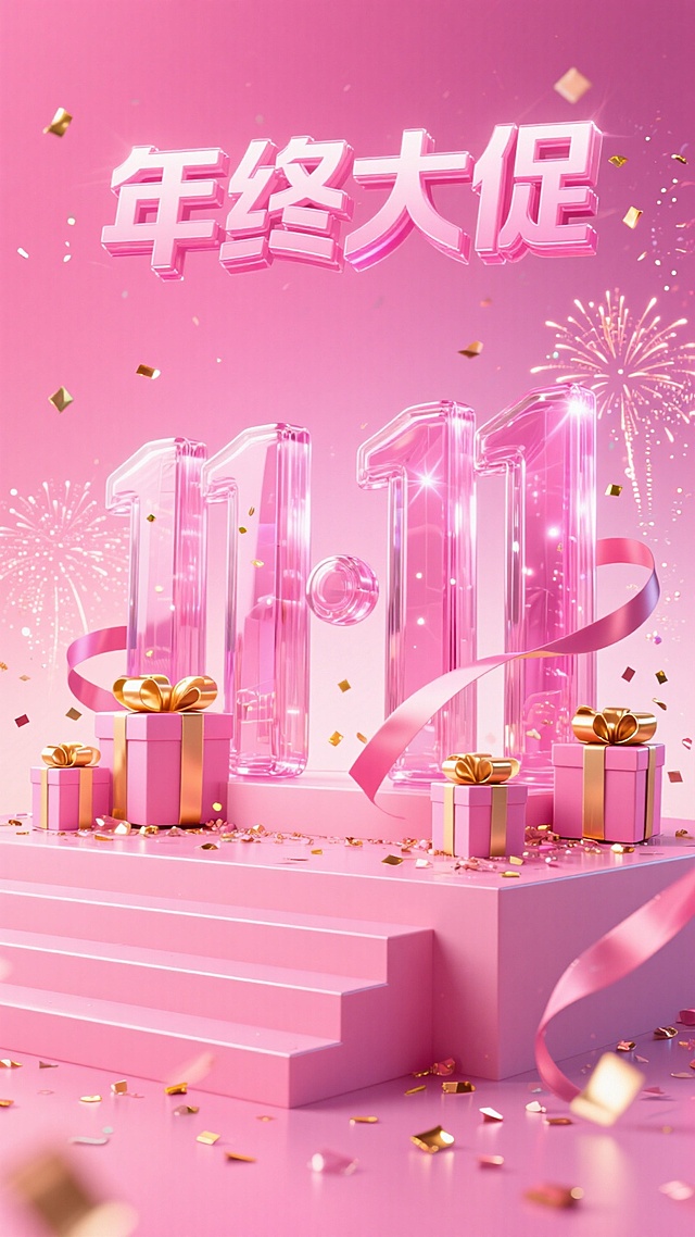 粉色玻璃立体字 “11·11” ，上方搭配粉红色 “年终大促” 艺术字。周围环绕粉金礼盒、金色丝带、烟花、碎金片，背景为粉色渐变，底部有粉色阶梯展台，整体风格热烈喜庆