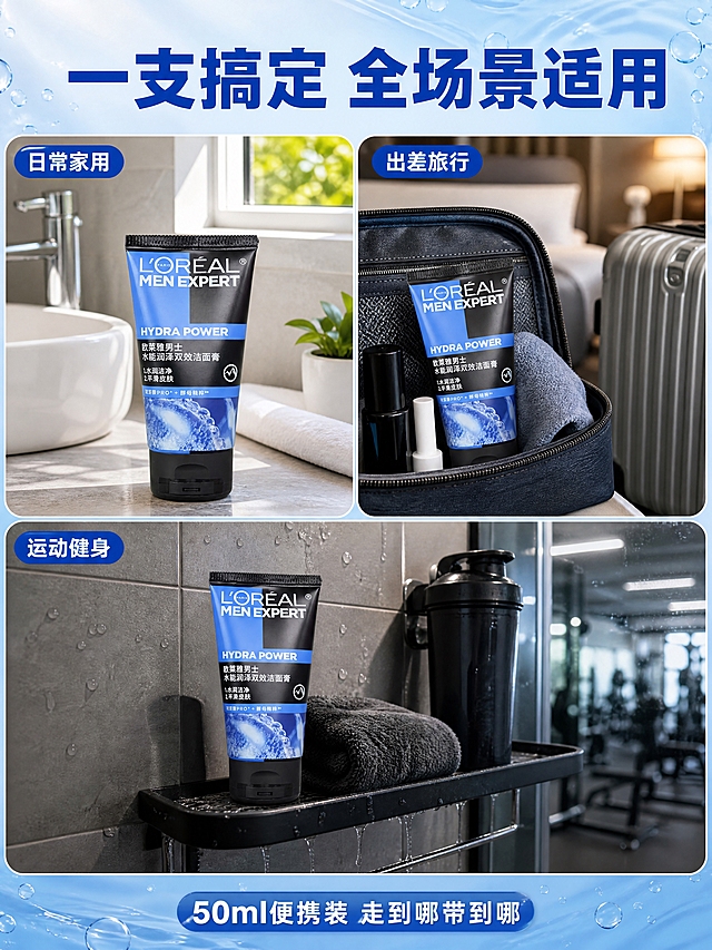 [商品] 使用【图1】欧莱雅男士水能润泽双效洁面膏旅行装50ml；保留产品所有外观特征；每个场景中都有产品出现，展示不同使用环境。
[画面] 页面目标：多场景种草，展示旅行装的便携性和多场景适用。多场景拼图型版式。画面采用三宫格拼图，上排两格下排一格，每个场景独立成框。左上场景：居家浴室，早晨洗漱台放着洁面膏，阳光从窗户照入；右上场景：出差酒店，旅行洗漱包打开露出洁面膏，旁边有行李箱一角；下方场景：健身房淋浴间，运动后使用的洁面膏放在置物架上。每个场景都有真实环境感，产品清晰可见。
[视觉] 套系策略：风格=拼多多清爽水润商业摄影风，大字直白高性价比；标题字=粗体无衬线大字，醒目有力；正文字=简洁无衬线体，清晰易读；主色=清爽蓝色系（品牌蓝+浅蓝渐变）；背景延展=基于蓝色做深浅渐变、水光质感、水波纹和水滴元素；强调色=亮蓝色+少量红色促销标签；标题色=白色+亮蓝色；正文色=深灰蓝+白色；组件=圆角信息卡、细线引线、胶囊形标签；光影=前侧柔光，产品表面有自然高光，底部柔和接触阴影，整体通透明亮。
[文字] 顶部主标题大字粗体深蓝色："一支搞定 全场景适用"；每个场景角落标注场景名称小字："日常家用"、"出差旅行"、"运动健身"；底部一行小字："50ml便携装 走到哪带到哪"。主标题在顶部通栏，场景标注在各格内角落。
[规格] 比例3:4竖版，4K分辨率，每个场景真实自然，产品融入场景，避免变形、错字、文字过小、悬浮感、水印、平台Logo。