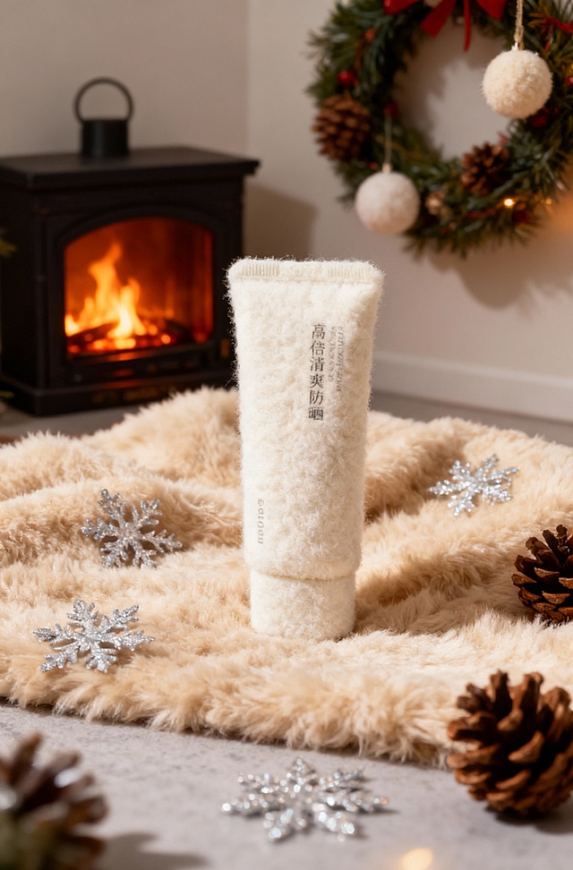 变身软糯米白毛绒质感。置于奶咖色毛绒毯上，点缀银箔雪花与松果，背景是燃着火焰的迷你壁炉、挂着绒球的圣诞花环，暖光映得毛绒肌理柔和，治愈感拉满。