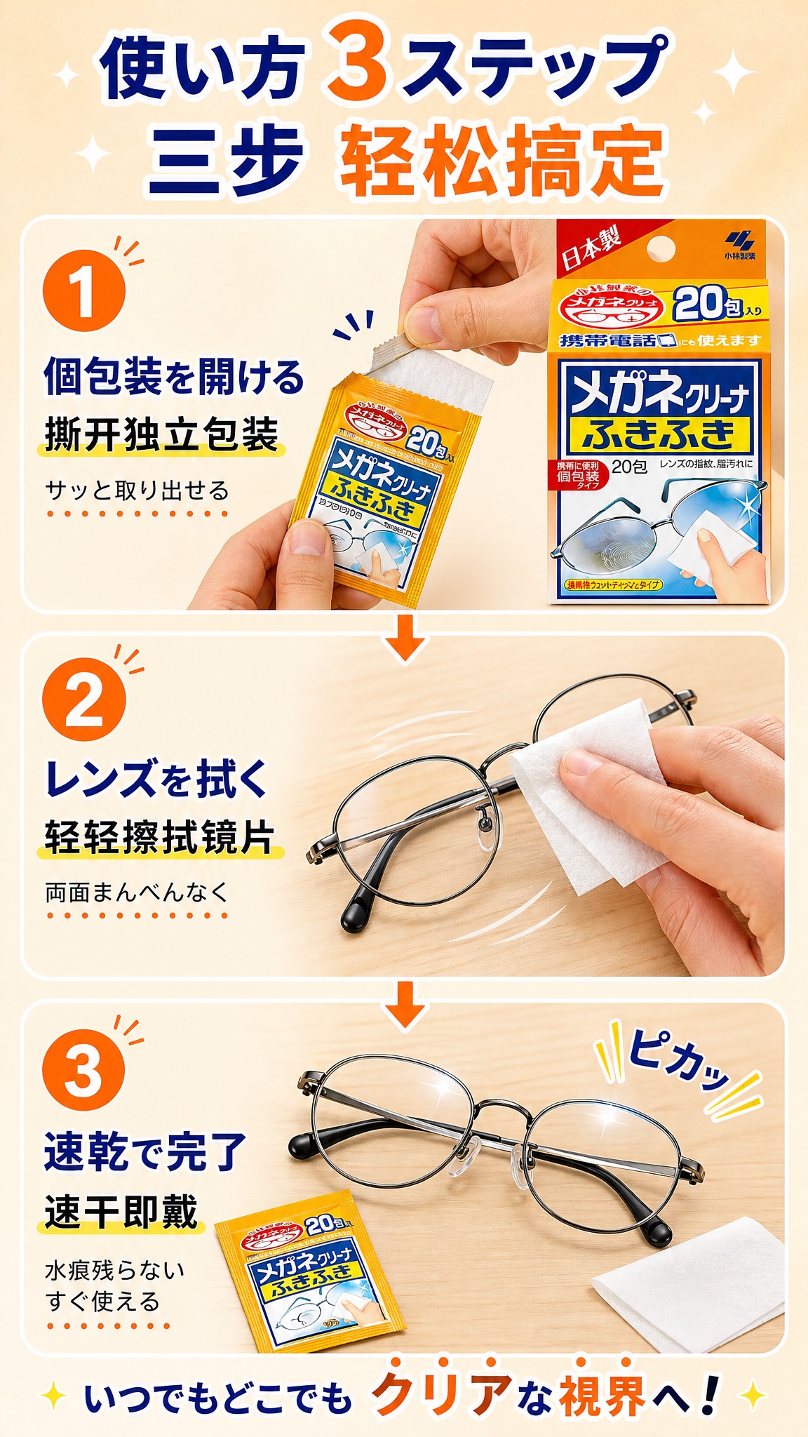 [第4张 使用步骤] 日本小林制药眼镜清洁湿巾 使用步骤演示详… - 图片创意预览
