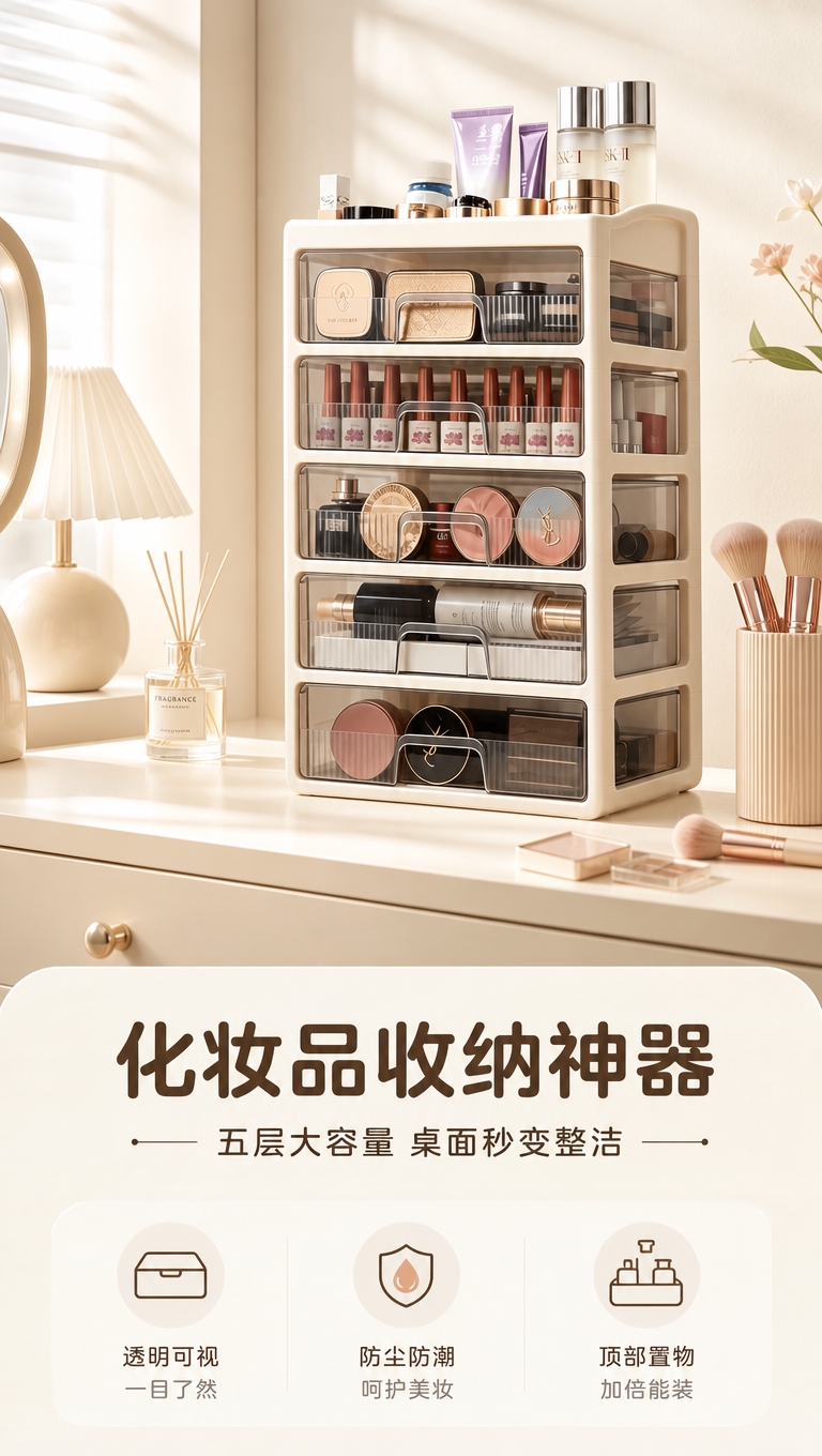 [商品] 使用【图3】奶油白五层抽屉式化妆品收纳柜；保留五层透… - 图片创意预览