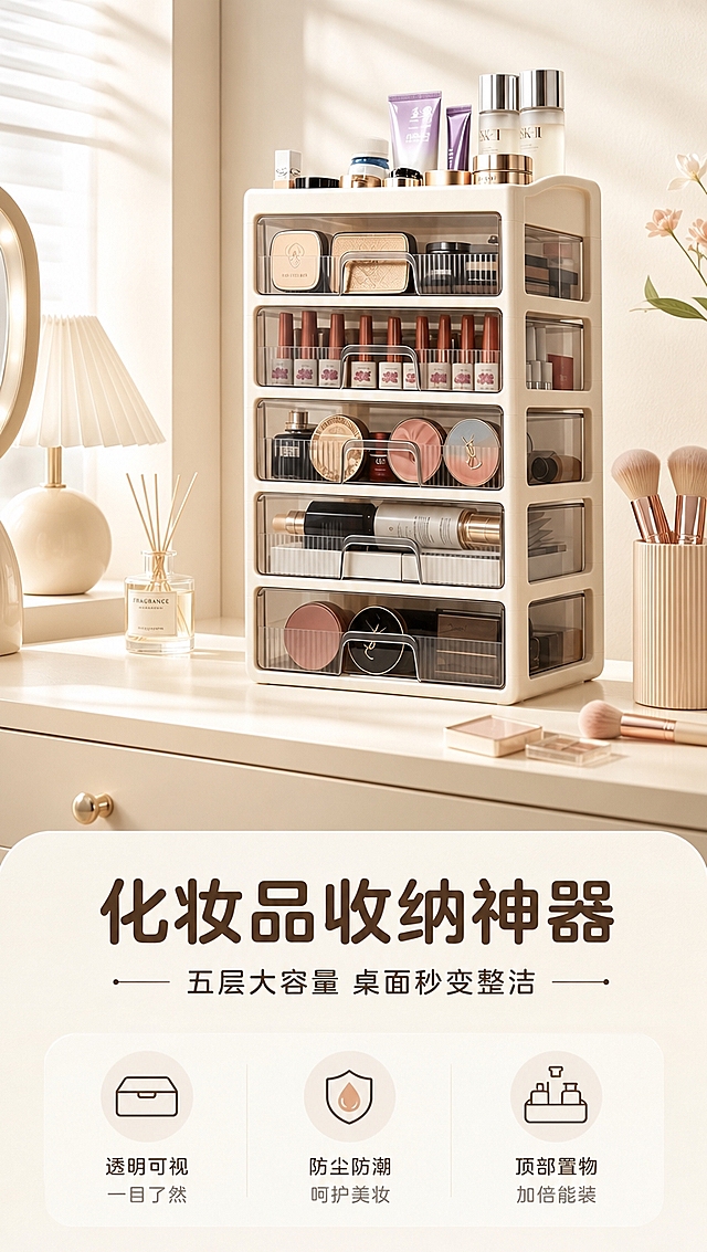 [商品] 使用【图3】奶油白五层抽屉式化妆品收纳柜；保留五层透明抽屉、奶白色外框、顶部置物区、抽屉把手的结构与颜色，透明抽屉为烟灰色半透明质感，整体比例与材质不变；商品处理：保持产品结构完整，增强外框哑光质感与抽屉通透感，不改变外形和层数。
[画面] 目标：头图海报，突出大容量收纳与奶油治愈颜值。构图：上下结构，上半部分为产品置于温馨梳妆台场景，产品占画面55%，正面微侧45度角；下半部分为文案区。景别：中全景。前中后景：前景梳妆台桌面小物（香薰、化妆刷），中景收纳柜主体，后景暖米色墙面+柔和窗光。阅读动线：从上到下，先看产品再看卖点。
[视觉] 套系策略：风格=奶油治愈系家居商业摄影；标题字=圆润黑体粗体；正文字=简洁无衬线黑体；主色=奶油米白；背景延展=基于奶油米白做深浅层级、同色渐变和细腻墙面/织物质感；强调色=奶茶棕，仅用于小面积图标、引线和标签；标题色=深咖棕；正文色=暖灰棕；组件=圆角浅底信息卡、细线引线、胶囊标签；光影=左前侧暖柔光，柔和自然阴影。
[文字] 主标题「化妆品收纳神器」，副标题「五层大容量 桌面秒变整洁」，下方3个卖点图标+短文案：「透明可视 一目了然」「防尘防潮 呵护美妆」「顶部置物 加倍能装」；文字位于画面下半部，不遮挡产品主体，全部横排排版。
[规格] 图片比例9:16竖版，4K分辨率，淘宝/天猫详情页风格，避免变形、错字、文字过小、冷蓝/冷灰背景、产品颜色改变、结构失真、极限词。