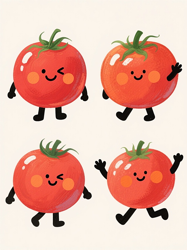 一套4个规整排布的番茄造型素材，保持手绘水彩风格，圆形饱满的番茄主体，鲜艳的红色带有自然的笔触纹理和白色高光，顶部是绿色的番茄蒂，每个番茄都有不同的可爱表情和肢体动作，有的微笑、有的眨眼、有的挥手、有的跳跃，脸颊有橙色圆形腮红，黑色线条勾勒的简约四肢，纯色背景，无任何文字、logo和水印。