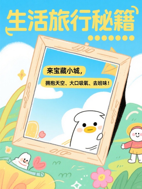 卡通风格，大标题“生活旅行秘籍”，小标题“来宝藏小城，拥抱天空、大口吸氧、去班味”，营造轻松氛围，在画面中间有一个斜着的手绘相框。预览效果