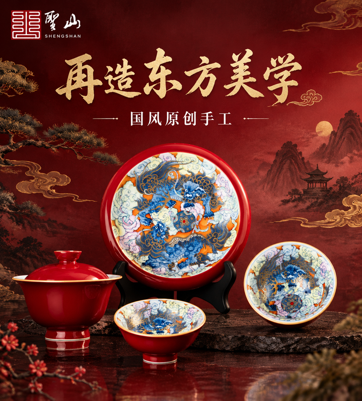 国风新中式工笔风格的品牌店铺海报，画面主体为圣山品牌的国风手工… - 图片创意预览