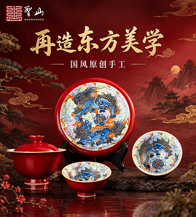 国风新中式工笔风格的品牌店铺海报，画面主体为圣山品牌的国风手工陶瓷茶器套装（含霁红釉描金狮纹茶承、盖碗、品茗杯），茶器100%还原上传商品图的外形、颜色、纹饰、材质质感与结构，保留霁红釉色、青花狮纹、描金祥云图案的细节。画面采用东方雅致美学氛围，深红色渐变背景，点缀淡金色祥云纹与水墨山水元素，光影柔和，侧前方柔光照射，陶瓷表面呈现温润光泽与细腻质感。构图为多商品陈列：画面中下部为主视觉茶器套装（图1整套），左侧为茶承特写（图2），右侧为品茗杯（图3），前后错落有致，形成空间层次。画面左上角放置【图4】的圣山品牌Logo（红色印章+书法圣山+SHENGSHAN英文），Logo清晰完整。画面上半部居中为主标题「再造东方美学」，字体为大气书法体，金色描边；主标题下方为副标题「国风原创手工」，字体为简洁宋体，白色。画面底部留白，整体排版精美，层次分明，东方韵味浓厚。画面中所有信息区域必须填充完整合理的内容，不得出现空白框或占位区域。
