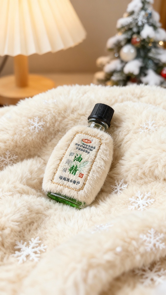 刺绣风毛绒包裹油精瓶，柔和雪flake点缀，暖灯与圣诞树烘托温馨节日氛围，面料质感传递舒适治愈感。