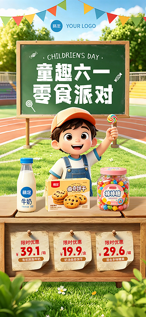 61儿童节节日零食福利促销宣传童趣风全屏竖版海报