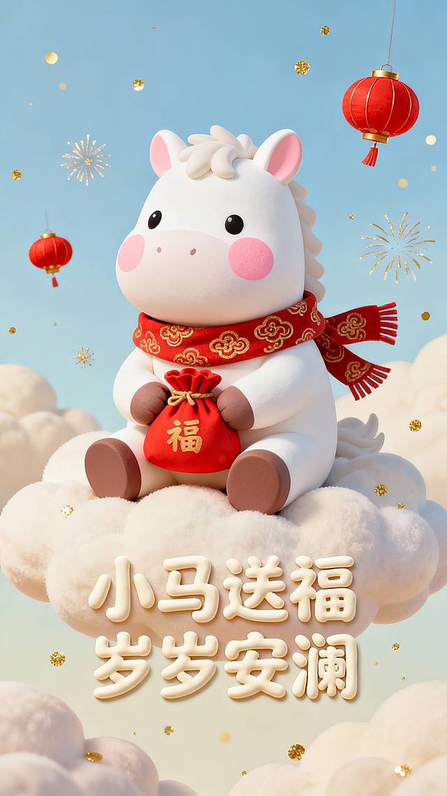 软3D风卡通小马，国潮元素点缀，喜庆红绸与祥云环绕，萌趣可爱，传递新春祝福。