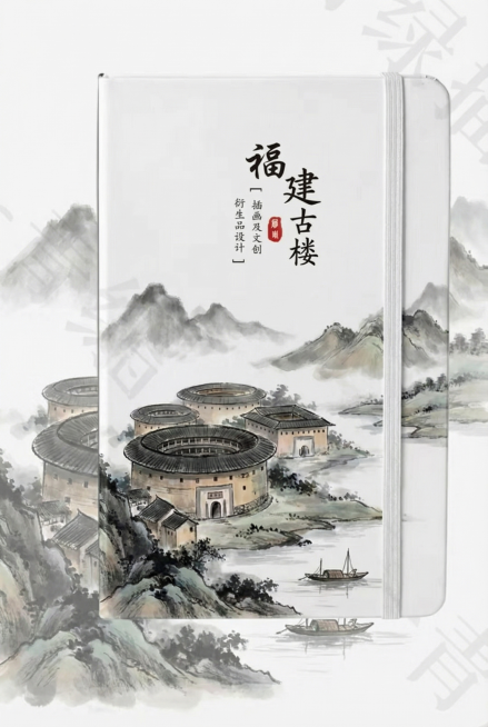 原图是笔记本封面，保持笔记本整体格式和竖版比例不变。将上方文字替换为"福建古楼"，保留小字排版位置不变。将封面核心图画替换为以福建土楼为核心的绘画，整体采用水墨国画风格，意境悠远，墨色淡雅。预览效果