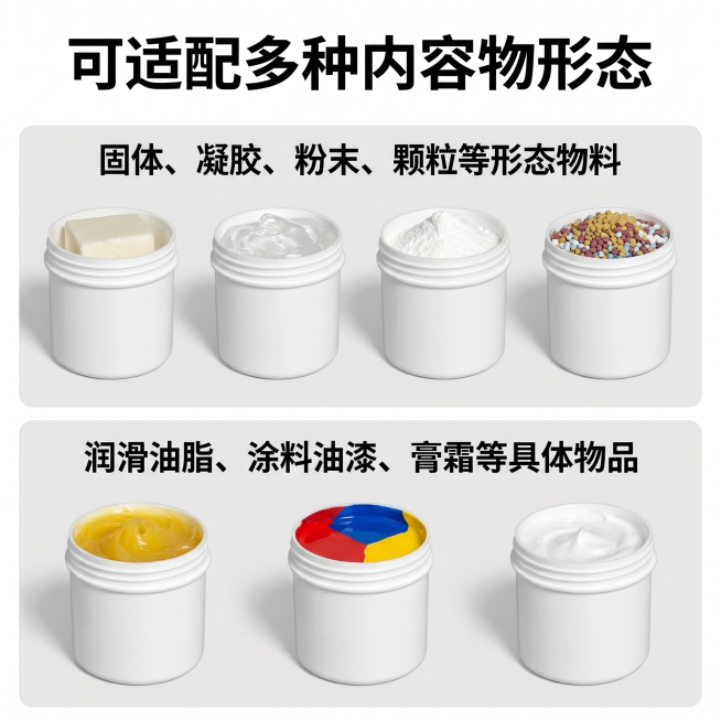[主图 9] PP塑料罐可装填物分类展示
[氛围风格] 分类清晰，信息明确
[画质] 商业摄影质感，每个分类展示清晰
[元素] 画面上下分两个板块，上半部分展示可装固体凝胶粉末颗粒等形态物料，下半部分预览效果