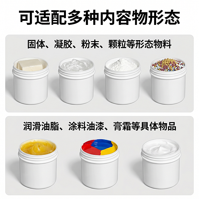 [主图 9] PP塑料罐可装填物分类展示
[氛围风格] 分类清晰，信息明确
[画质] 商业摄影质感，每个分类展示清晰
[元素] 画面上下分两个板块，上半部分展示可装固体凝胶粉末颗粒等形态物料，下半部分展示可装润滑油脂涂料油漆膏霜等具体物品，每个分类放一个本款PP塑料罐做示例，产品外观保持和原图一致。背景浅灰色干净整齐，板块分割清晰
[光影] 整体光线均匀，每个分类产品展示清晰，阴影柔和
[文字版式] 顶部主标题“可适配多种内容物形态”黑色粗体，每个板块标注分类标题，文字在板块顶部不遮挡产品
[比例分辨率] 1:1比例，2k分辨率，文字清晰，超高清
[负向提示词] 变形，水印，文字错乱，产品模糊，分割混乱