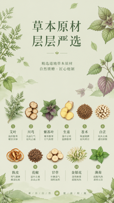 Vertical 9:16 composition, soft sage green background with scattered hand-drawn mugwort and perilla预览效果
