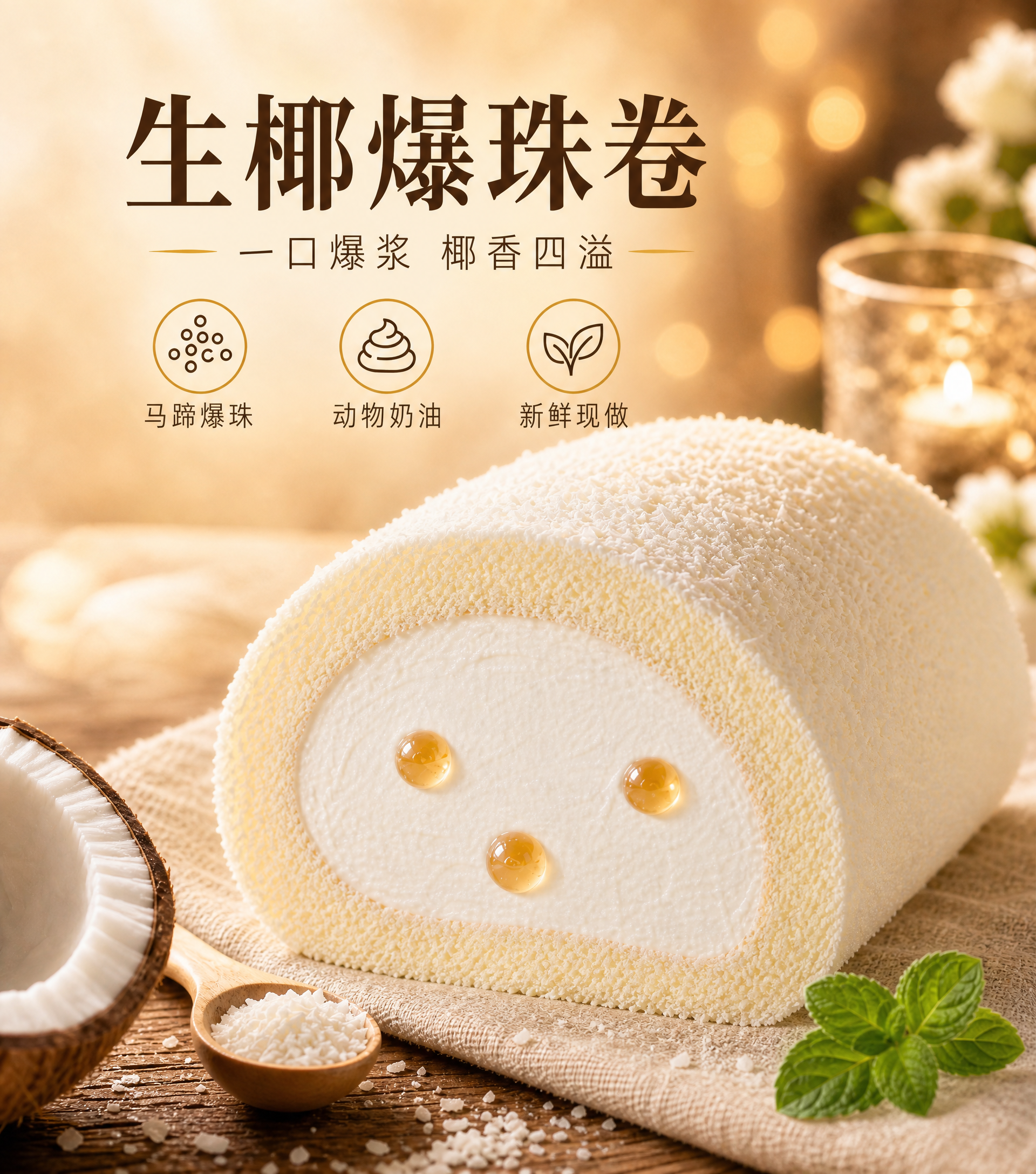 [商品] 使用【图1】生椰爆珠卷蛋糕；保留外层椰蓉、白色奶油蛋… - 图片创意预览