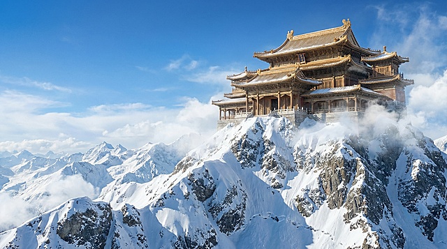 去掉人物，高清一下，在雪上之上有一座天宫一样的中国古代古老建筑