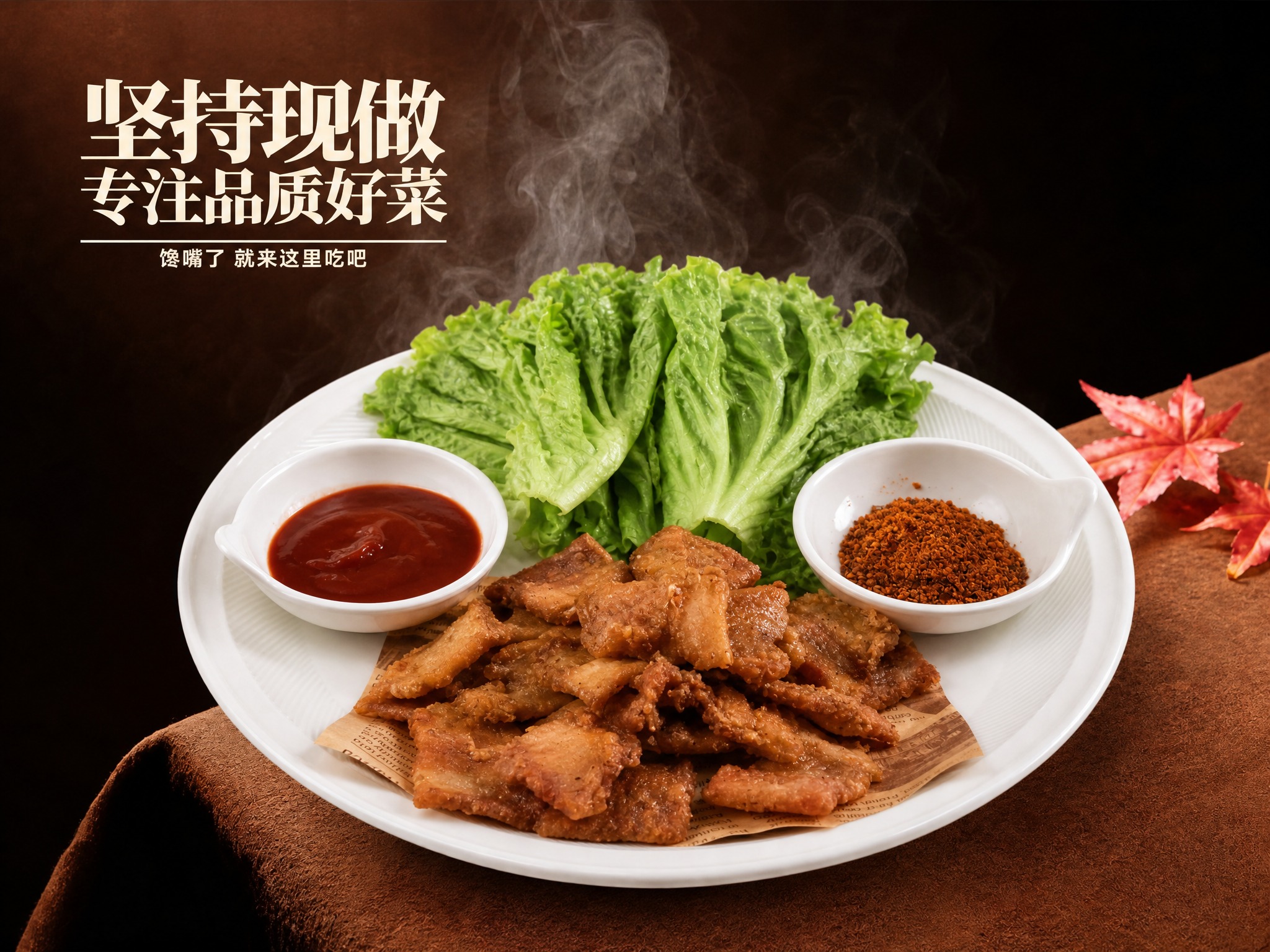 参考图1的背景和文字风格：深棕色渐变背景、棕色桌布、热气腾腾的… - 图片创意预览