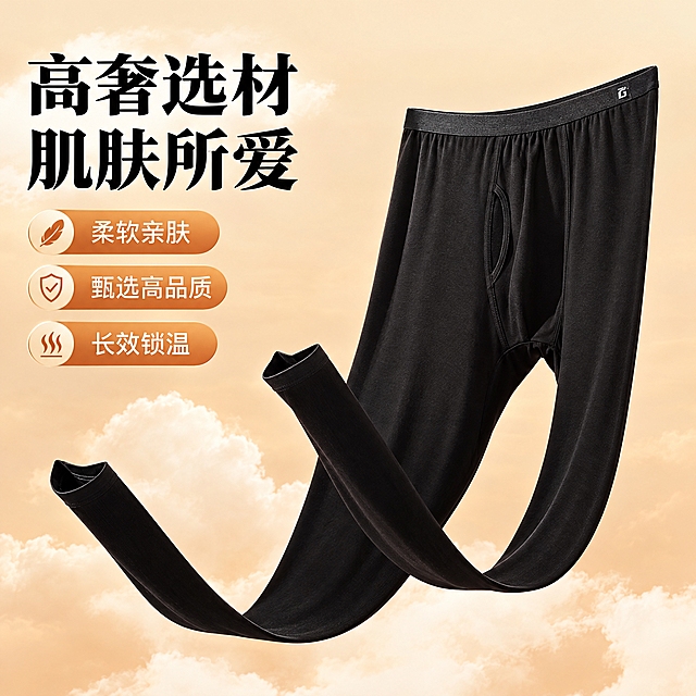 基于参考图重新设计男士保暖裤卖点主图，保留产品悬浮飘逸的展示方式和暖色调云朵背景风格。去掉画面中所有多余的衣物，只保留一条黑色保暖裤。左上角大标题文案改为「高奢选材 肌肤所爱」，字体为高端大气的黑色粗体字。保留三个卖点图标样式但内容可优化为高端质感相关卖点，整体画面高级简约，突出裤子的亲肤质感和高端品质，电商主图风格，高清细腻