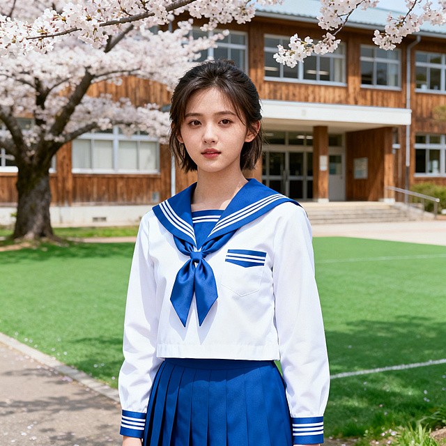 杨超越身穿经典水手服，蓝白配色，领结整齐，发型清爽自然，背景是清新的日系校园场景，光线柔和明亮，画面精致写实，人物神态自然生动，细节丰富，质感高级