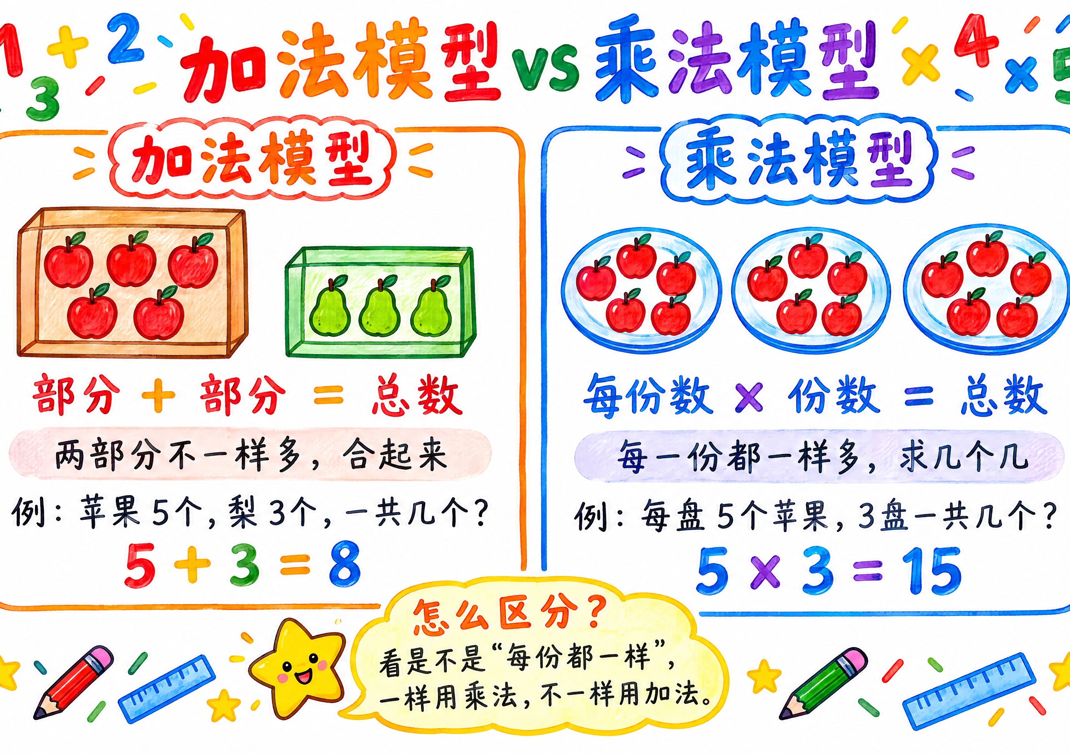 A4横版数学手抄报，主题"加法模型 vs 乘法模型"，人教版四… - 图片创意预览