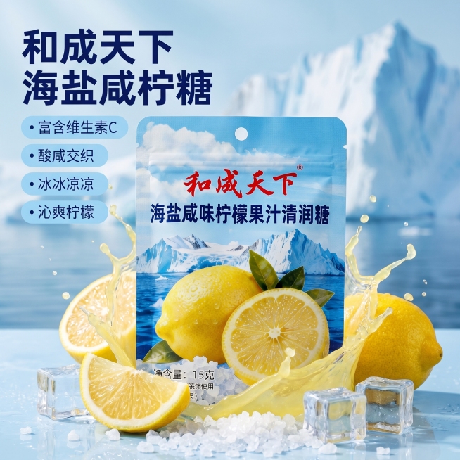 [主图 1] 产品首图，突出和成天下来海盐咸味柠檬清润糖的冰爽沁凉食欲感。[氛围风格] 清新冰爽通透风格，突出冰凉清爽的感觉[画质] 商业摄影质感、光线柔和通透、产品清晰真实、画面干净高级。[元素]预览效果