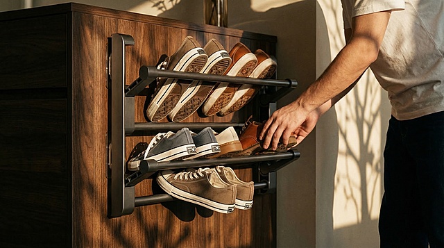 商业摄影图，主体是枪灰色金属折叠式壁挂鞋架，保持主体物理结构不变，强制保留所有金属杆件和壁挂安装结构。鞋架完全展开安装在入户鞋柜侧墙，欧美人搭配的帆布鞋、皮鞋整齐摆放在隔层中，模特半身入镜展示使用场景。场景是复古美式玄关，深胡桃木鞋柜搭配，午后阳光斜射，清晰树影投影，复古电影质感，深色调层次丰富，突出产品设计感。负向提示词：亚洲面孔、韩流风格、苍白皮肤、柔焦模糊、背景虚化过度、平光、动漫风、可爱道具、比例失调、结构变形、缺失部件、水印、文字、昏暗光线、死黑阴影、畸变透视