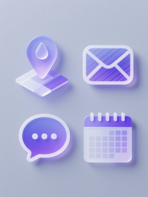 一套由四个不同造型位置元素组成的系列素材集合，规整排布于纯色背景上，保持统一的现代简约风格。每个元素均采用平滑渐变的蓝紫色调，搭配白色高光轮廓，呈现出半透明的磨砂玻璃质感。第一个元素为地图定位图标，上方是水滴状指针，下方是几何块状地图；第二个元素为信封形状的邮件图标，表面有水平线条纹理；第三个元素为对话气泡形状的消息图标，边缘有圆润的弧度；第四个元素为日历形状的日程图标，表面有网格状日期纹理。……预览效果