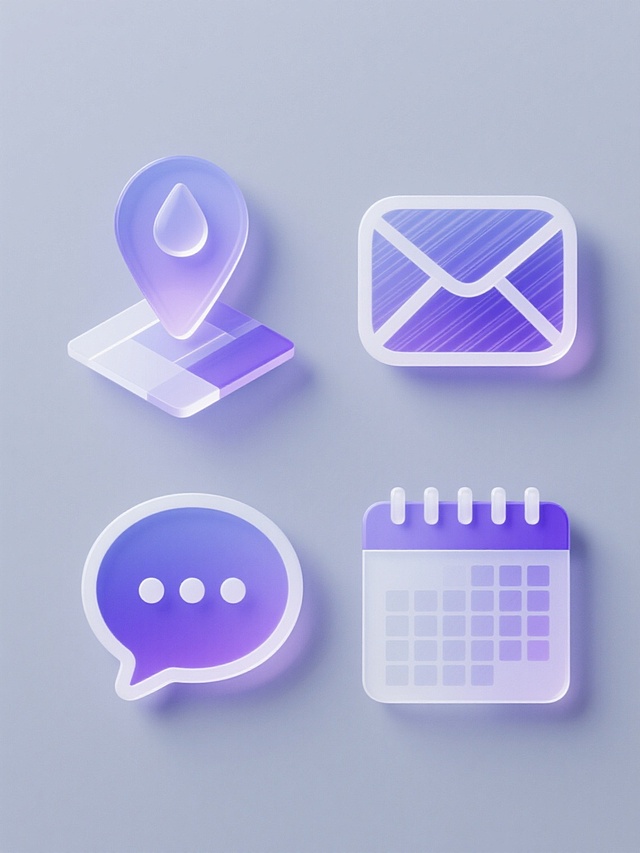 一套由四个不同造型位置元素组成的系列素材集合，规整排布于纯色背景上，保持统一的现代简约风格。每个元素均采用平滑渐变的蓝紫色调，搭配白色高光轮廓，呈现出半透明的磨砂玻璃质感。第一个元素为地图定位图标，上方是水滴状指针，下方是几何块状地图；第二个元素为信封形状的邮件图标，表面有水平线条纹理；第三个元素为对话气泡形状的消息图标，边缘有圆润的弧度；第四个元素为日历形状的日程图标，表面有网格状日期纹理。所有元素在画面中均匀分布，大小一致，保持相同的光影效果和材质表现，整体视觉协调统一。