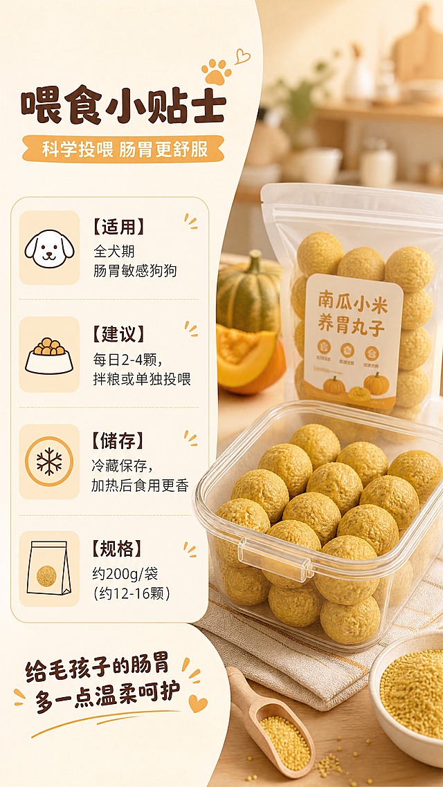 [商品] 使用【图1】南瓜小米养胃丸子，保留金黄色圆球形轮廓与颗粒质地；本页产品以「多颗丸子装在保鲜收纳盒/袋装」形式出现，展示囤货感，丸子本身形态颜色与原图一致。
[画面] 目标：规格信息+温馨收尾页，提供喂食建议与储存方式，促进转化。构图：左文右图，左侧规格信息区占55%，右侧产品囤货展示占45%；右侧画面：密封保鲜盒里整齐摆放着多颗丸子，旁边放着一小袋分装，背景是温馨厨房台面，有南瓜和小米作为点缀；3层视觉：前景保鲜盒丸子、中景分装袋与食材、后景厨房环境虚化。
[视觉] 套系策略：风格=温馨治愈天然宠物食品商业摄影；标题字=圆润可爱粗体无衬线；正文字=简洁清晰无衬线体；主色=暖南瓜黄+米杏色；背景延展=基于暖米杏做深浅层级、同色渐变和细腻哑光纸张/木纹质感；强调色=暖橙棕色，仅用于小面积图标、引线和标签底纹；标题色=深暖棕；正文色=中暖灰；组件=圆角浅底信息卡、细线引线、食材小图标；光影=左前侧暖柔光，温馨厨房光感。
[文字] 左侧顶部主标题「喂食小贴士」，副标题「科学投喂 肠胃更舒服」；下方规格与建议：「【适用】全犬期 肠胃敏感狗狗」「【建议】每日2-4颗，拌粮或单独投喂」「【储存】冷藏保存，加热后食用更香」「【规格】约XXg/袋（约XX颗）」；底部温馨收尾语「给毛孩子的肠胃 多一点温柔呵护」；所有文字横排，信息层级清晰，移动端可读。
[规格] 图片比例9:16竖版，4K分辨率；负向提示：避免文字过小、产品变形、冷蓝背景、医疗功效承诺、绝对化用语、竖排文字。